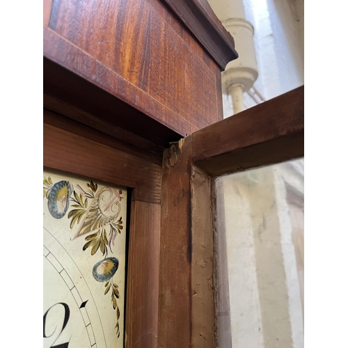 14 - A Georgian J. Wild Macclesfield inlaid mahogany and oak cased grandfather clock with hand painted en... 