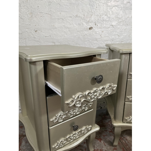 28 - A pair of French style silver painted bedside chests of three drawers