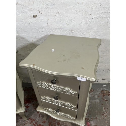 28 - A pair of French style silver painted bedside chests of three drawers