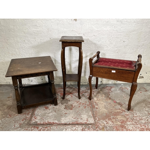 29 - Three pieces of furniture, one Edwardian oak and red fabric piano stool, one mahogany jardinière sta... 