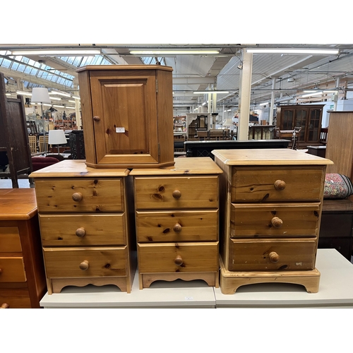 34 - Four pieces of pine furniture, one wall mountable corner cabinet and three bedside chests