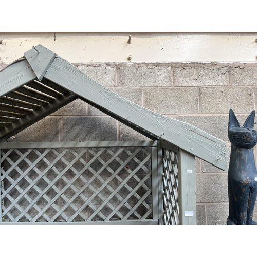 5 - A grey painted wooden two seater garden arbour bench - approx. 208cm high x 157cm wide x 68cm deep