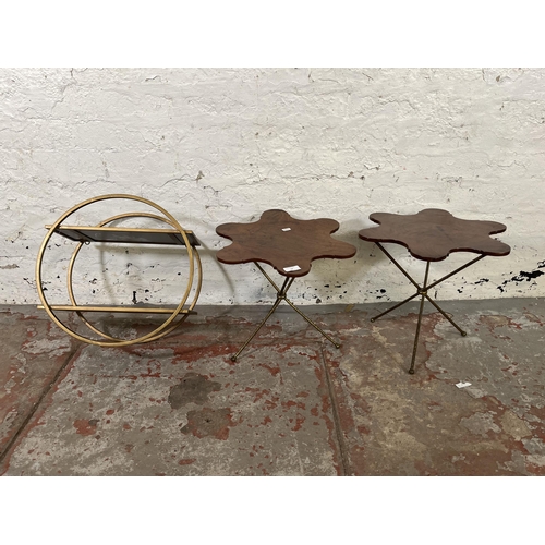 58 - Three pieces of furniture, two mahogany and brass tripod pedestal side tables and one mid 20th centu... 