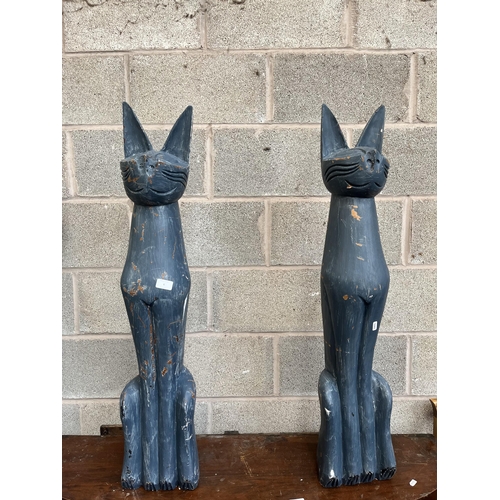 6 - A pair of painted wooden cat garden statues - approx. 100cm high