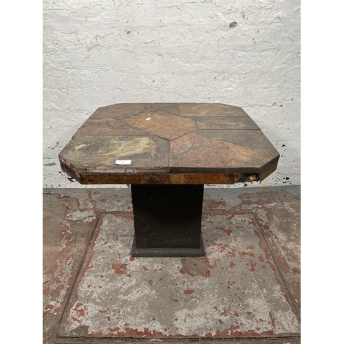 87 - A Paul Kingma Brutalist slate topped and metal inlaid Tableaux series octagonal coffee table