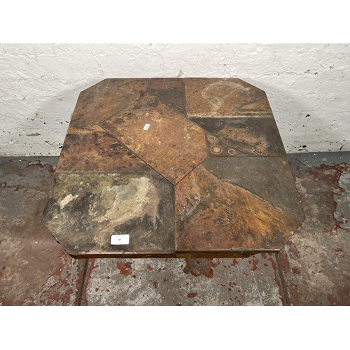 87 - A Paul Kingma Brutalist slate topped and metal inlaid Tableaux series octagonal coffee table