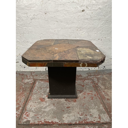 87 - A Paul Kingma Brutalist slate topped and metal inlaid Tableaux series octagonal coffee table