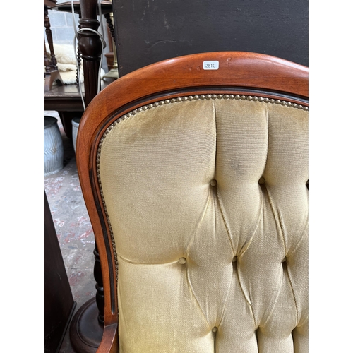 89 - A French style beech and yellow fabric upholstered three piece lounge suite comprising two seater so... 