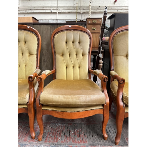 89 - A French style beech and yellow fabric upholstered three piece lounge suite comprising two seater so... 