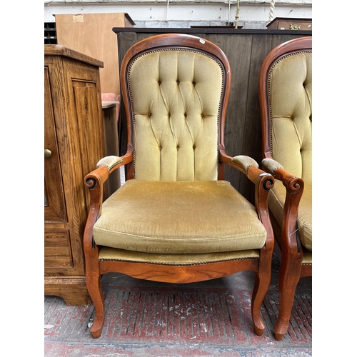 89 - A French style beech and yellow fabric upholstered three piece lounge suite comprising two seater so... 