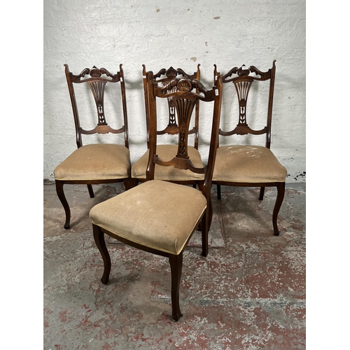 92 - A set of four Edwardian beech and fabric upholstered dining chairs