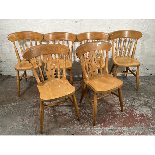 94 - Six Victorian style beech farmhouse dining chairs