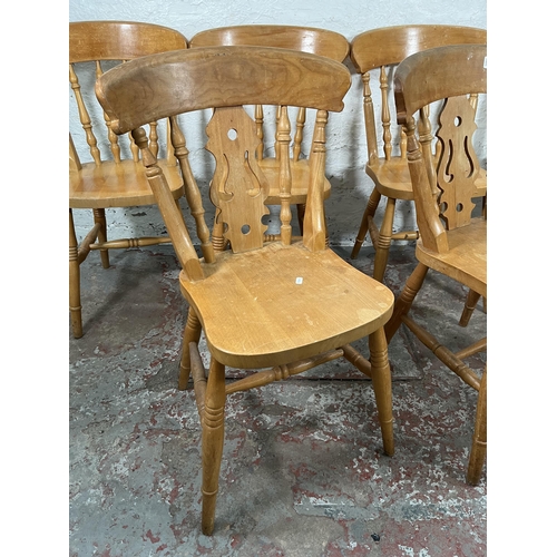 94 - Six Victorian style beech farmhouse dining chairs