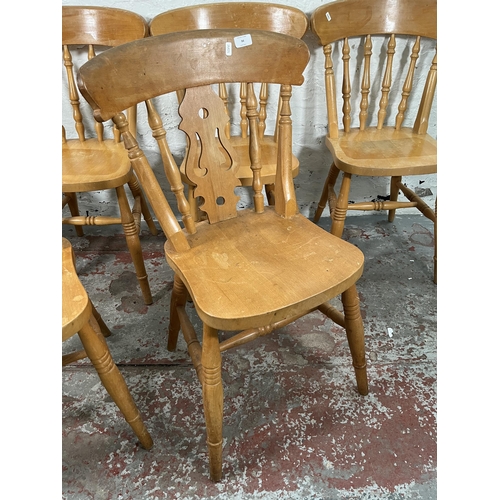 94 - Six Victorian style beech farmhouse dining chairs