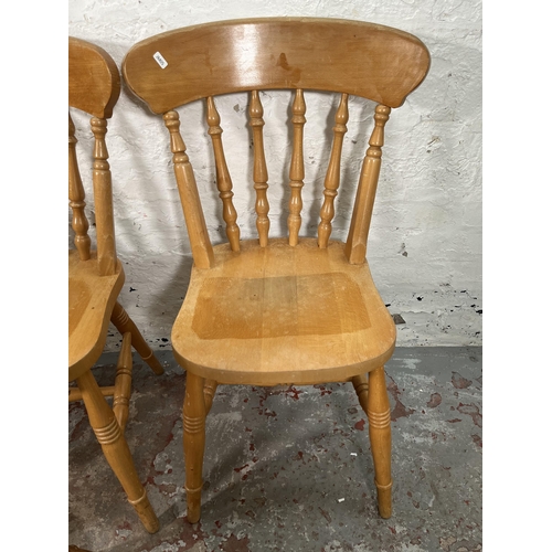 94 - Six Victorian style beech farmhouse dining chairs