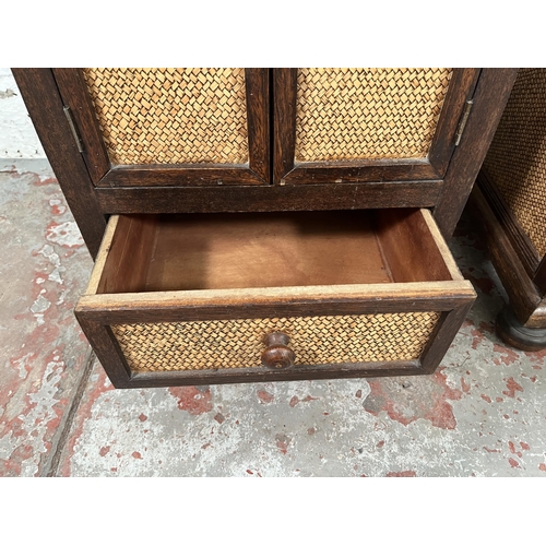 95 - A pair of modern hardwood and wicker bedside cabinets