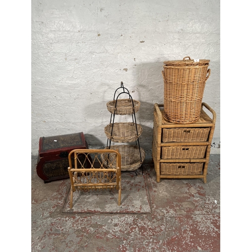 96 - Five pieces of furniture to include wicker chest of three drawers, black metal and wicker three tier... 