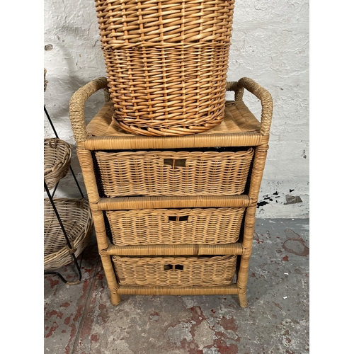 96 - Five pieces of furniture to include wicker chest of three drawers, black metal and wicker three tier... 