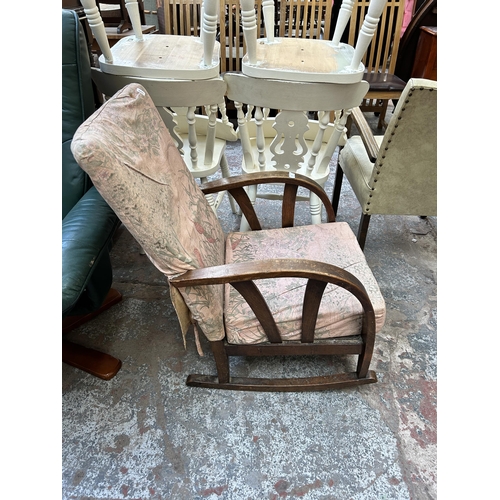 101 - A 1930s bentwood and fabric upholstered rocking armchair