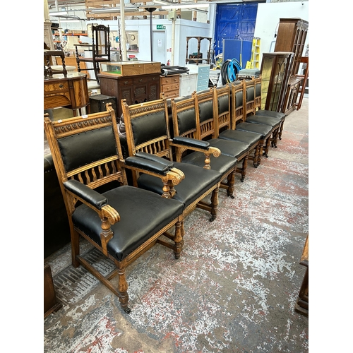 133 - A set of eight Sopwith & Co Newcastle on Tyne carved oak and black leatherette dining chairs with ca... 