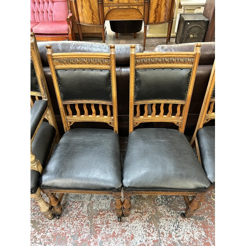 133 - A set of eight Sopwith & Co Newcastle on Tyne carved oak and black leatherette dining chairs with ca... 