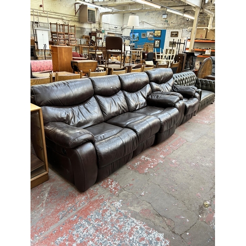 138 - A La-Z-Boy brown leather electric reclining two piece lounge suite comprising three seater sofa and ... 