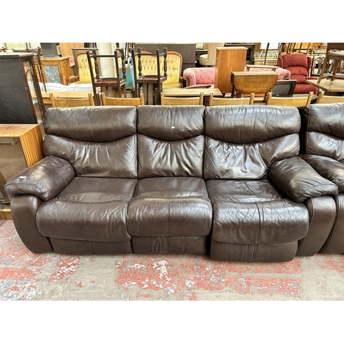 138 - A La-Z-Boy brown leather electric reclining two piece lounge suite comprising three seater sofa and ... 