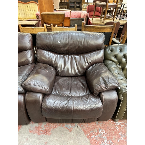 138 - A La-Z-Boy brown leather electric reclining two piece lounge suite comprising three seater sofa and ... 