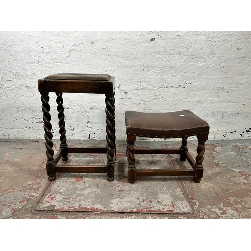 159 - Two early/mid 20th century oak and brown leatherette stools on barley twist supports