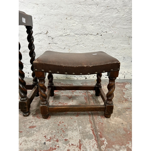 159 - Two early/mid 20th century oak and brown leatherette stools on barley twist supports