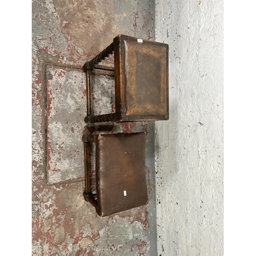 159 - Two early/mid 20th century oak and brown leatherette stools on barley twist supports