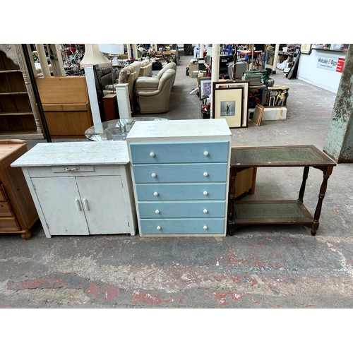 166 - Three pieces of furniture, one mid 20th century painted pine two door cabinet, one mid 20th century ... 