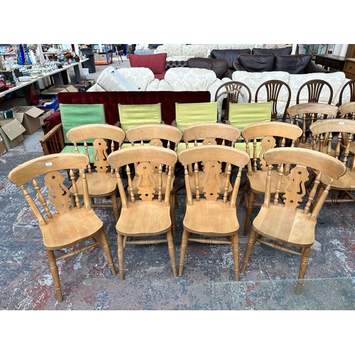 201 - Eight Victorian style beech farmhouse dining chairs