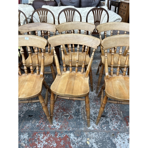 202 - Six Victorian style beech farmhouse dining chairs