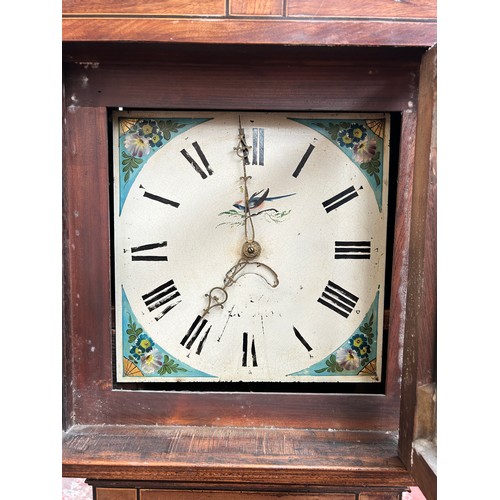 176 - A Georgian oak cased grandfather clock with hand painted enamel face, pendulum and weight