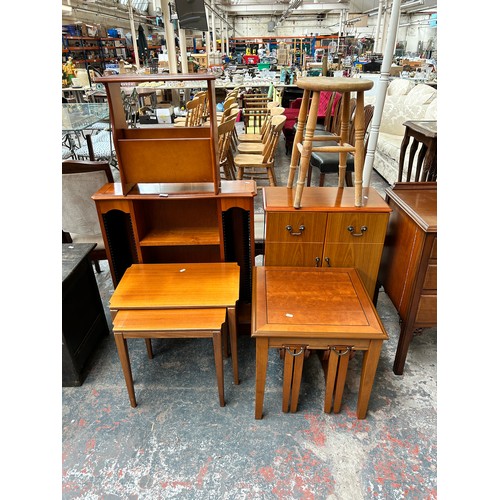 182 - Six pieces of furniture to include teak nest of two tables, beech farmhouse type stool, cherry wood ... 