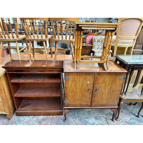 193 - Three pieces of furniture, one Georgian style mahogany three tier open bookcase, one yew wood nest o... 