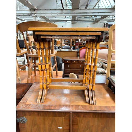 193 - Three pieces of furniture, one Georgian style mahogany three tier open bookcase, one yew wood nest o... 