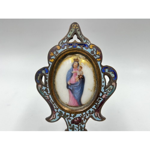 2273 - A 19th century brass and enamel easel back framed porcelain icon painting - approx. 11cm high