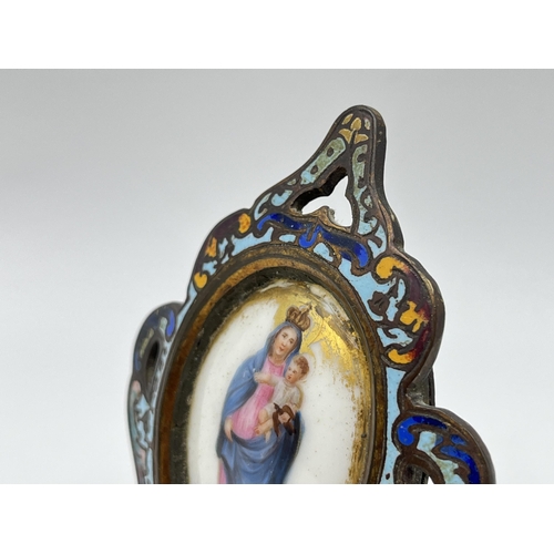 2273 - A 19th century brass and enamel easel back framed porcelain icon painting - approx. 11cm high