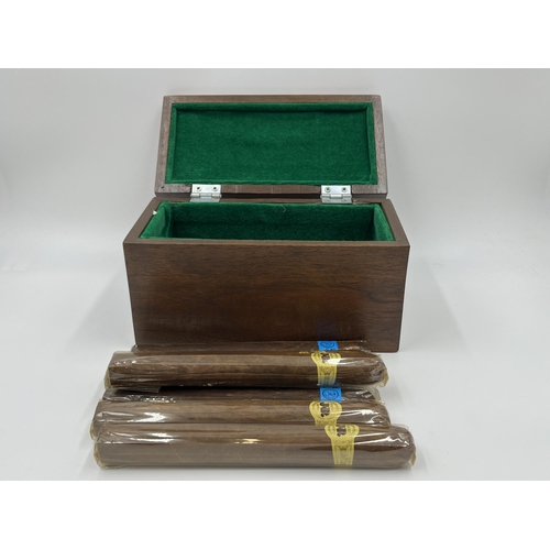 2276 - Six sealed cigars, four JR hand made imported and two Racine & Laramie together with oak box with ba... 