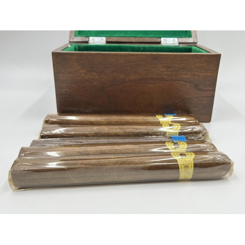 2276 - Six sealed cigars, four JR hand made imported and two Racine & Laramie together with oak box with ba... 