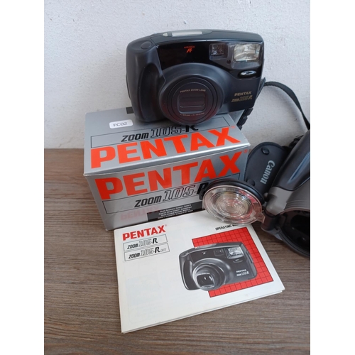 495 - Four cameras, one Canon Epoca (Photura/Autoboy Jet) 35mm bridge, one boxed Pentax Zoom 105-R 35mm co... 