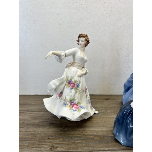 271 - Five Royal Doulton figurines, Paisley Shawl - HN 1987, Hazel - HN 3167, Fragrance - HN 2334, Cherrie... 