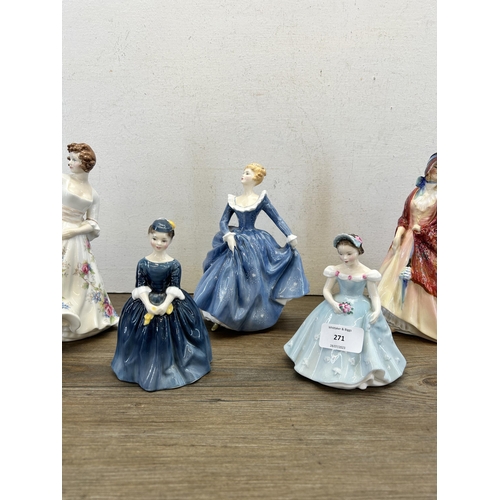 271 - Five Royal Doulton figurines, Paisley Shawl - HN 1987, Hazel - HN 3167, Fragrance - HN 2334, Cherrie... 