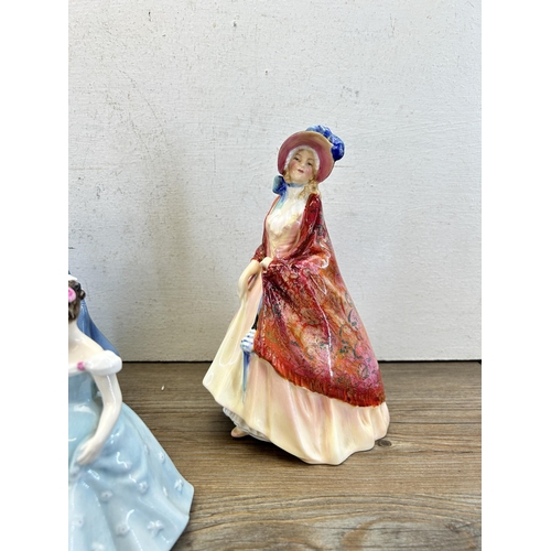 271 - Five Royal Doulton figurines, Paisley Shawl - HN 1987, Hazel - HN 3167, Fragrance - HN 2334, Cherrie... 