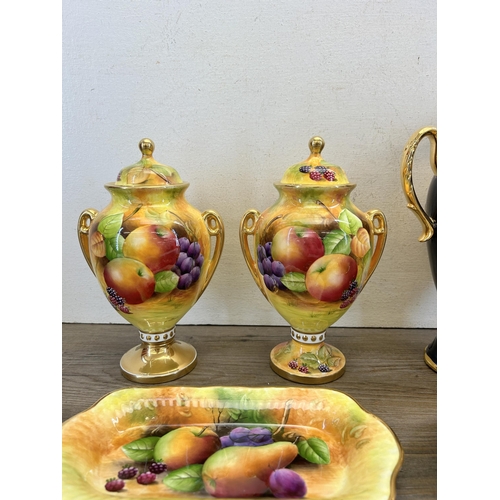 298 - Five pieces of Brookdale fruit scene fine bone china hand painted by J. Mottram together with two fr... 