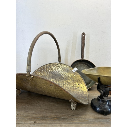 315 - Six pieces of 19th century and later metalware to include hammered brass handled log basket, Lombard... 