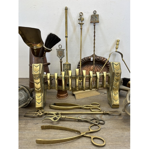 333 - A collection of 19th century and later metalware to include Joseph Sankey & Sons copper crumb tray, ... 