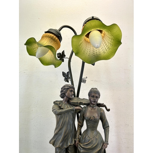 409 - A Widdop Bingham & Co Ltd bronze effect resin figural table lamp with two green glass shades - appro... 